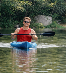 This shows one of our guests Kayaking on Lake Duncan