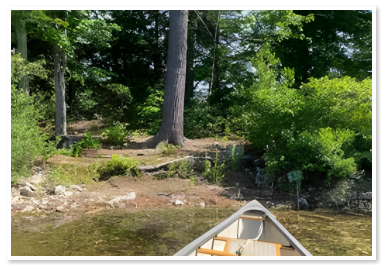 A canoe heading for the shore of Duncan Lake